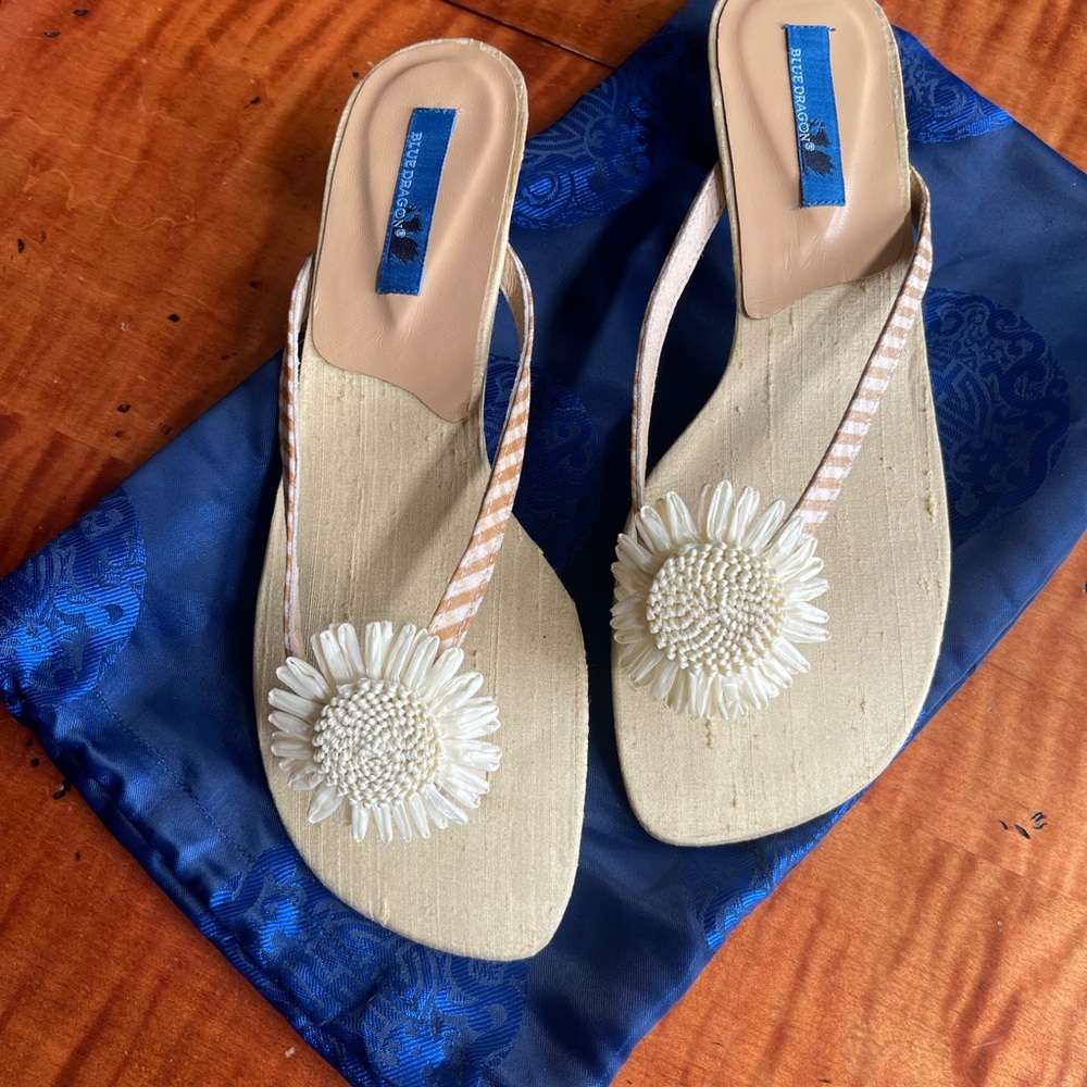 Blue Dragon Size 8Beige Floral Beaded Thong Sandals